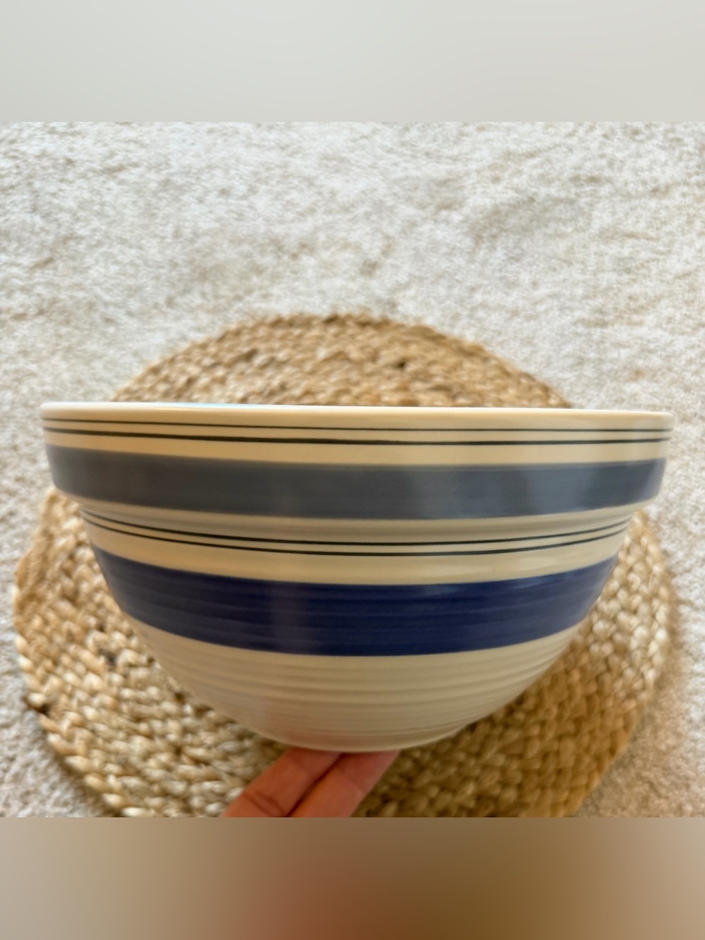 Pfaltzgraff Rio Vintage White Stoneware Mixing or Display Bowl with Blue Stripes